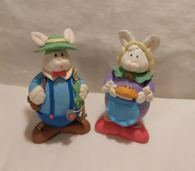 Vintage Set Of Resin Ma & Pa Easter Bunnies Spring Decorative Figurines