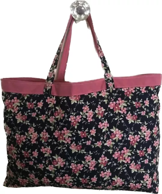 Knitting Bag Navy & Pink Floral Crochet  Motherday Gift Storage Lined Homemade