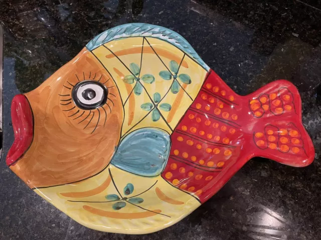 Italian Hand Painted Fish Plate Bowl Wall Hanging 12”X16”