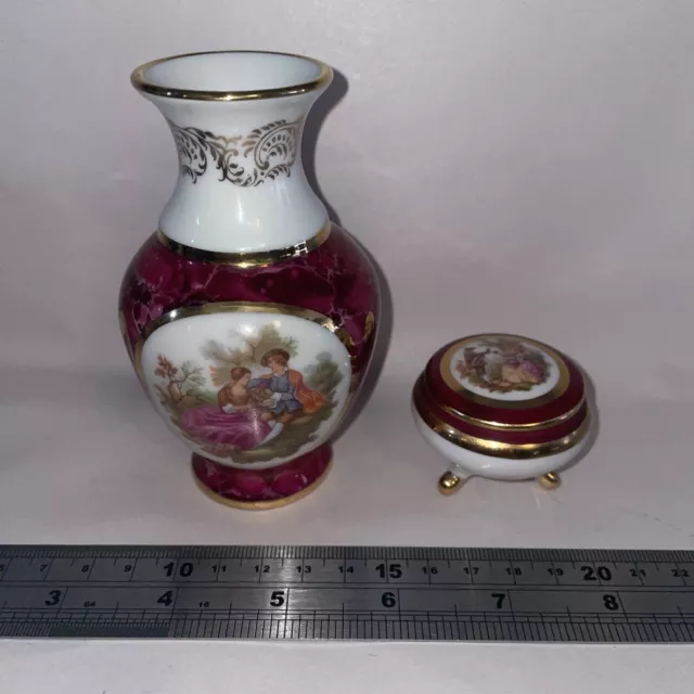 Miniature Porcelain D'Art RP Limoges France Marble Love Scene Vase & Pill Box