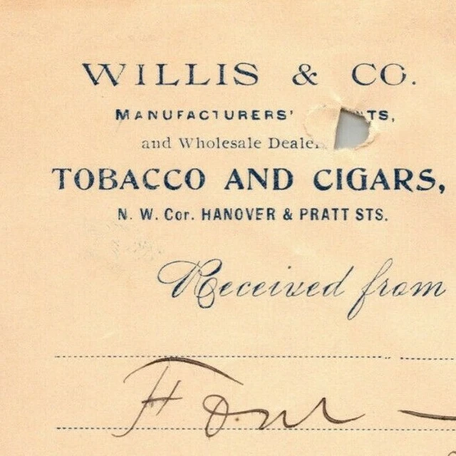 1900 Letterhead Billhead Willis & Co. Tobacco Cigars Baltimore Ephraim Baker*
