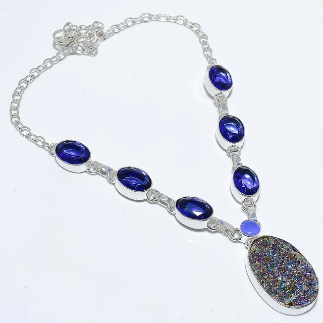 Titanium Druzy, Sapphire Gemstone Ethnic Silver Jewelry Necklace 18" NRJR1903