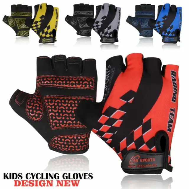 Kids Junior Bike Bicycle Cycling Half Finger Gloves Boys Girls Child, Fingerless