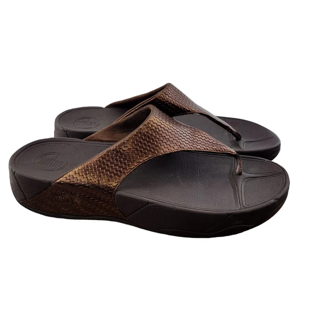 Fitflop Lulu Womens Sandals 402-012 Textured Bronze Leather Flip Flops Size 10