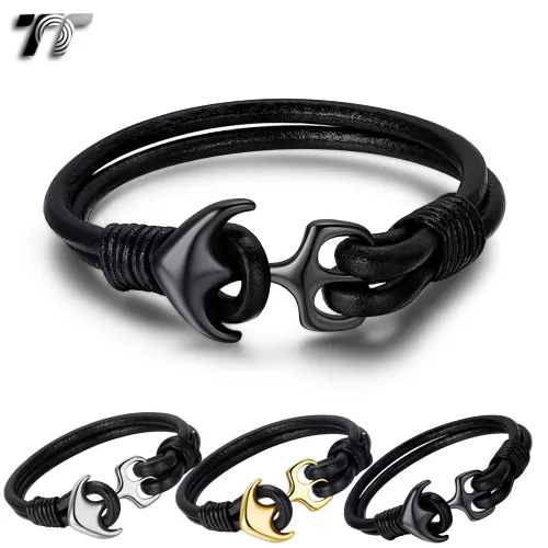 TT Black Leather 316L Stainless Steel Anchors Bracelet Wristband (BR222)  NEW