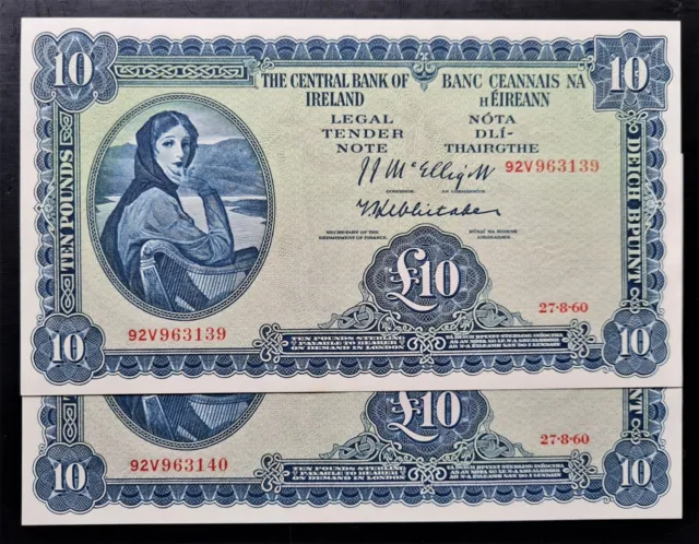 Ireland Set Of  1960 In Sequence  £10 Pound Lady  Lavery  Banknote's