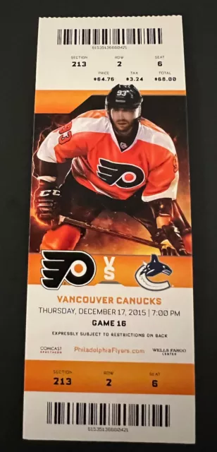 Philadelphia Flyers 2015 Full Game Ticket Vancouver Canucks 12/17/15