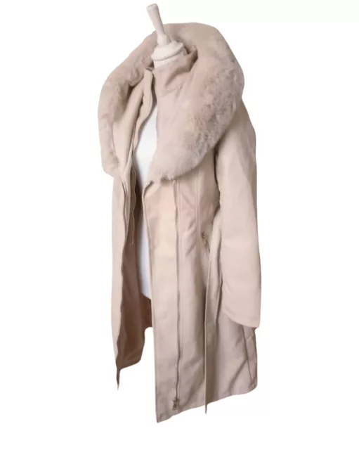 Manteau long écru taille L imitation cuir avec capuche en fourrure 3