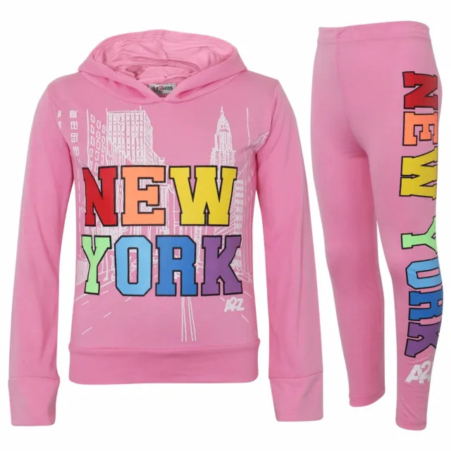 Kids Girls Crop & Legging New York Print Baby Pink Hooded Top Bottom Outfit Sets