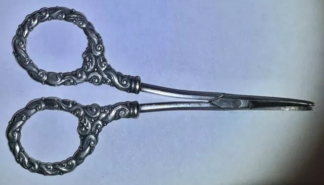 ANTIQUE PAIR of VICTORIAN SILVER HANDLED ORNATE SEWING / EMBROIDERY SCISSORS