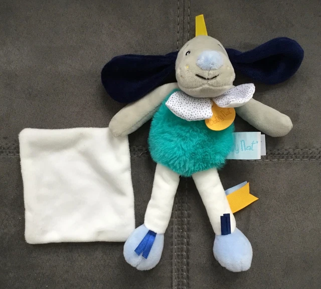 Doudou Chien gris bleu jaune avec mouchoir Pépin BN0447 Babynat Baby Nat