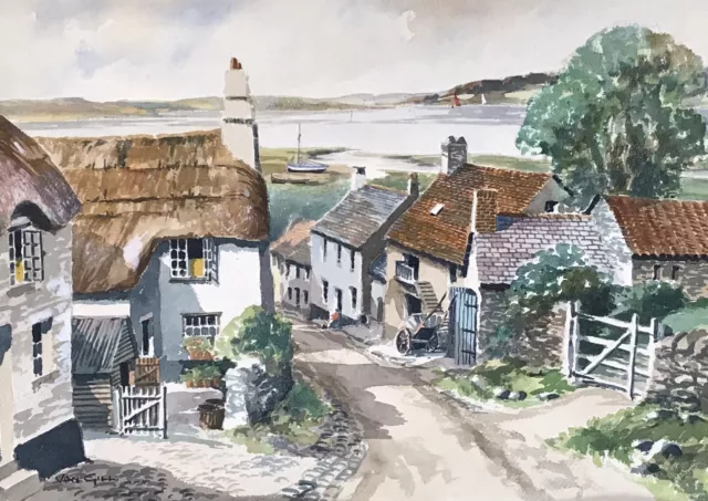 Van Gill: Mid 20th Century Original Watercolour c1950, Cornish Village & Estuary