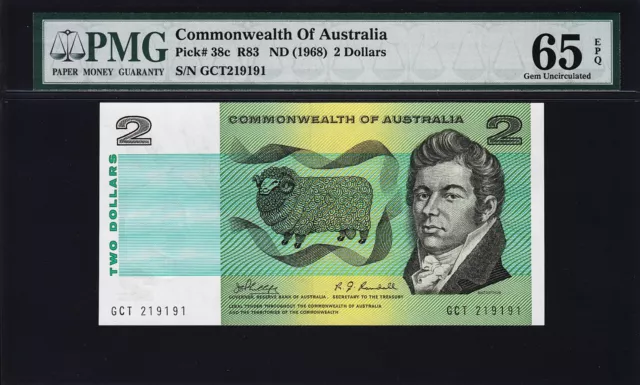 Australia 2 Dollars 1968, PMG 65, Gem UNC, EPQ, P-38C, Sign Phillips & Randall