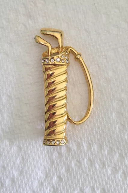 Vintage Lady Golfer Golf Bag & Clubs Brooch Pin Golden w/Clear Diamantes