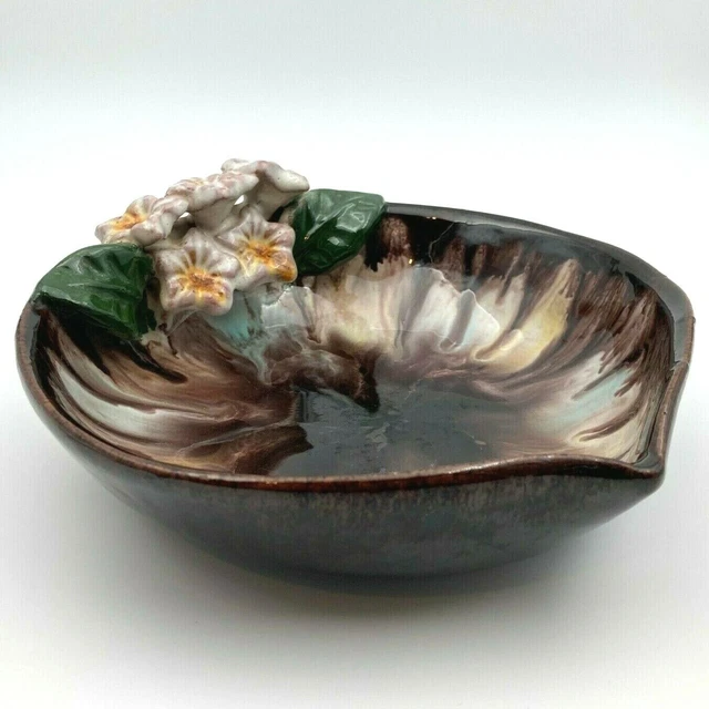 Vintage Hand Made in Austria Drip Glaze Majolica Pottery Bowl Dish White Flowers