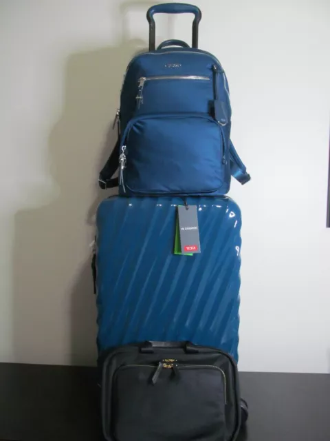 TUMI Luggage Set- 3 Piece Teal Expandable Carry On,  Backpack, & Cosmetic,  NWT