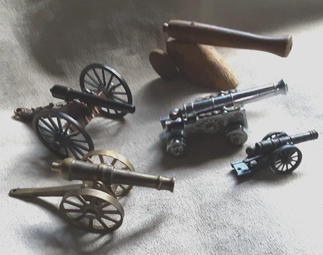 Vtg Lot of 5 Toy Miniature Canons Italy 2 Steel, Brass, Metal, & Wood