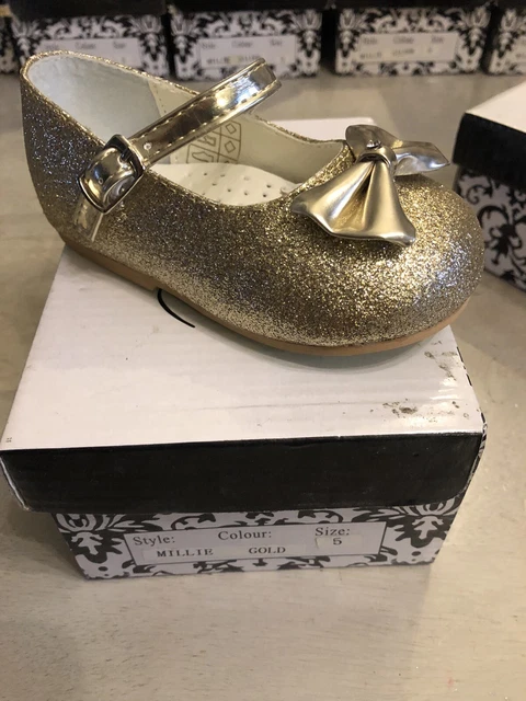 Kids Baby Girls Gold Glitter Bow Spanish Weddin Party Infants Toodler Shoes Uk 5