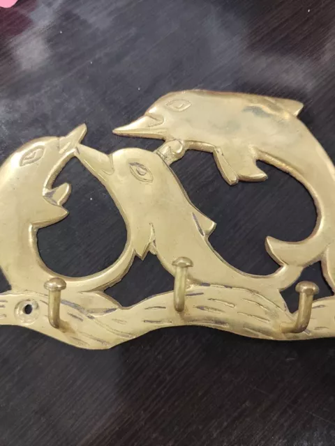 Brass DOLPHINS WAVES Key Rack Holder 5 3/4” Wide Wall Hanging