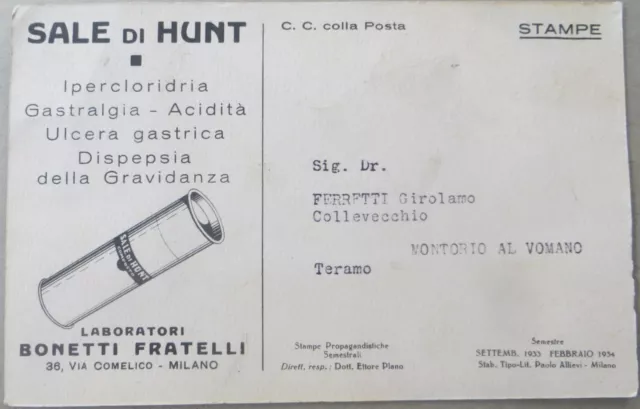 1933 Cartolina Pubblicitaria Sali Di Hunt Farmacia Medicina Cartoncino 2