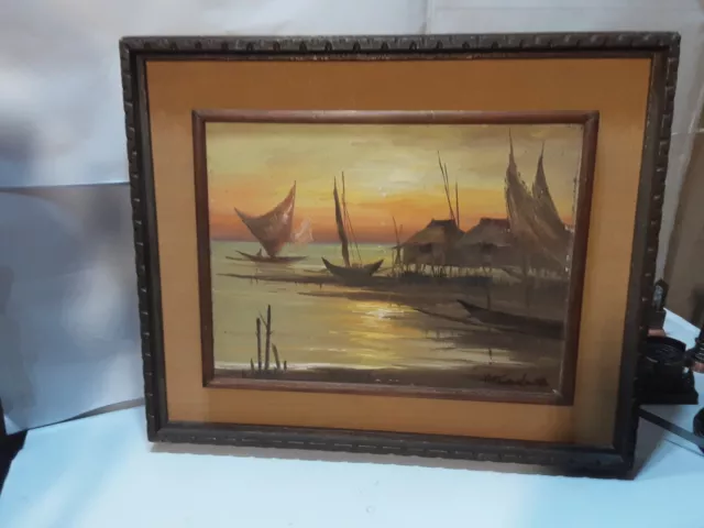 Beautiful Vintage Original Framed 9 X 11 Asian Themed Harbour Oil Painting