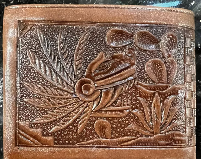 4.5" X 3.75”  Vintage Mexico Hand Tooled Brown Men’s Embossed Leather Wallet