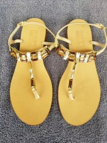 Salvatore Ferragamo Tan Leather T-Strap Jeweled Sandals Size 8 1/2 Shoes