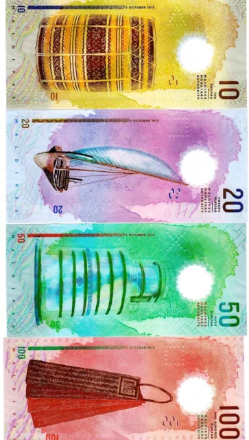 Maldives 2015 Polymer Uncirculated 4 Notes 10, 20, 50 &100 Rufiyaa 2