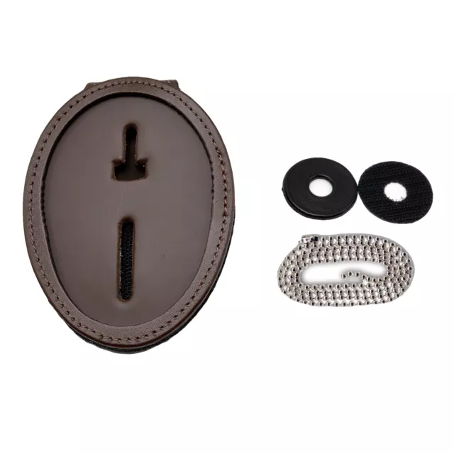 Brown Oval Badge Holder Clip On Belt Neck Chain Leather Police Recessed