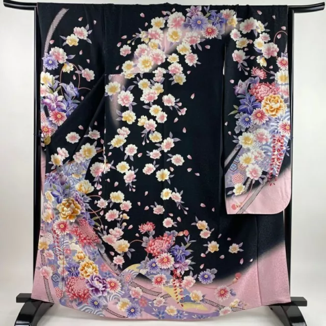 Woman Japanese Kimono Furisode Silk Flower Silver Thread Embroidery Black