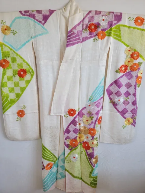 Antique Japanese Silk  KIMONO Robe ,Furisode,KIMONO Dress,カ