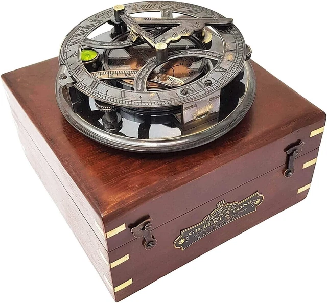 Nautical Vintage Antique Brass Gilbert Sons Sundial Compass With Wooden box gift