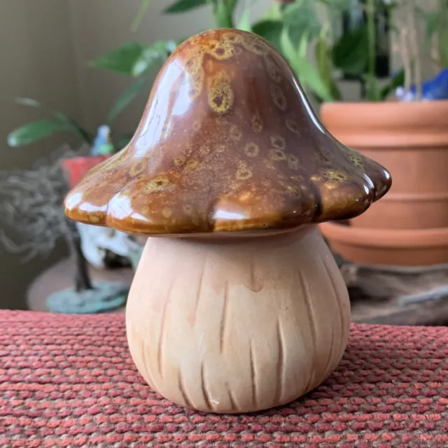 Drip Glazed Ceramic Mushroom 4" Tall Figurine Tan And Brown