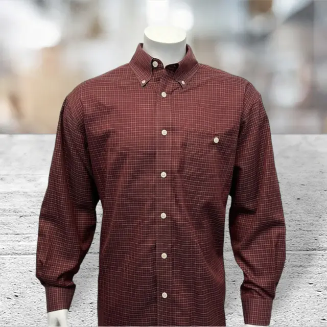 Orvis Maroon Tan Oxford Button Down Cotton Long Sleeve Shirt Large EUC