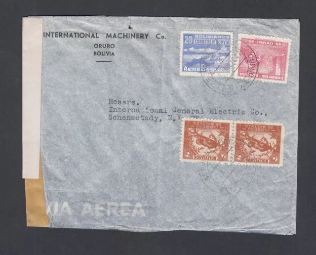 Bolivia 1942 Wwii Censored Airmail Cover Oruro To Schenectady New York Usa