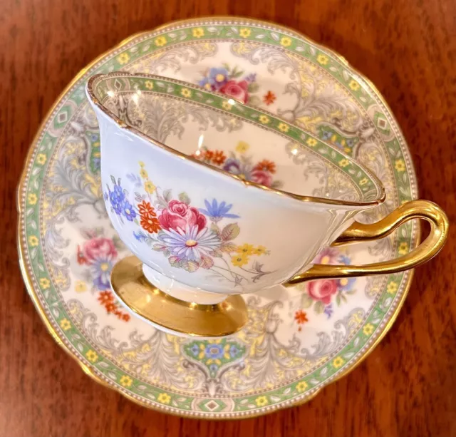 Antique Shelley 13362 'Georgian' Green Gold Tea Cup and Saucer