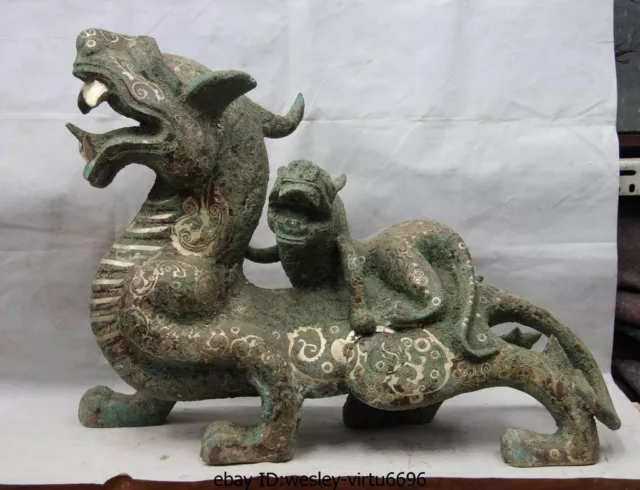 Chinese Bronze Silver-Gilt Foo Dog Lion Brave troops Pixiu kylin Unicorn Statue