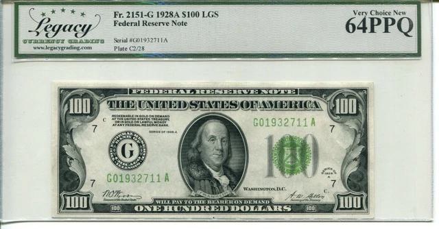 FR 2151-G 1928A $100 Federal Reserve LIGHT GREEN SEAL 64 PPQ VERY CHOICE NEW