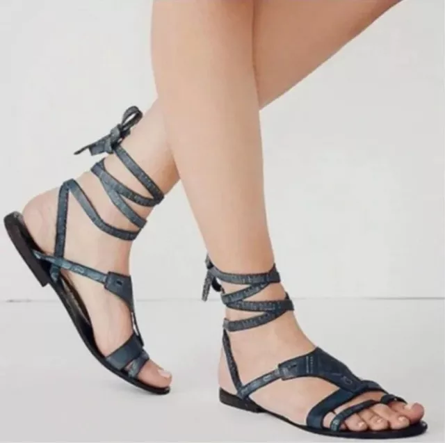 Free People Oliviera Dark Teal Gladiator Sandals Tie Wrap 39 Leather 8 or 8.5