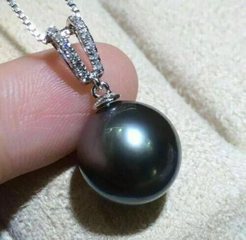 Pretty Design AAAA 10-11mm Tahitian Black Round real Pearl Pendant Necklace