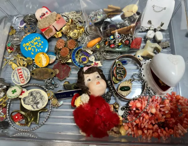 Junk Drawer Lot Pins Military Jewelry Toys Figures Beads Crafting