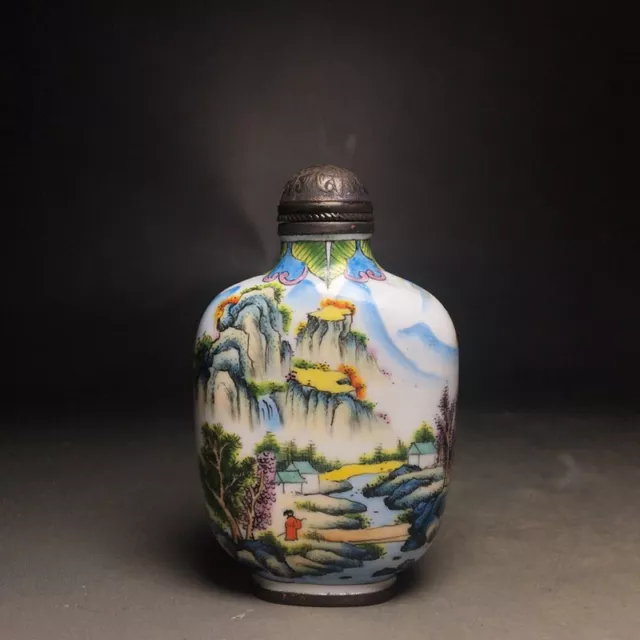 Old Chinese Cloisonne Enamel Hand Painted landscape snuff bottle Qianlong Mark