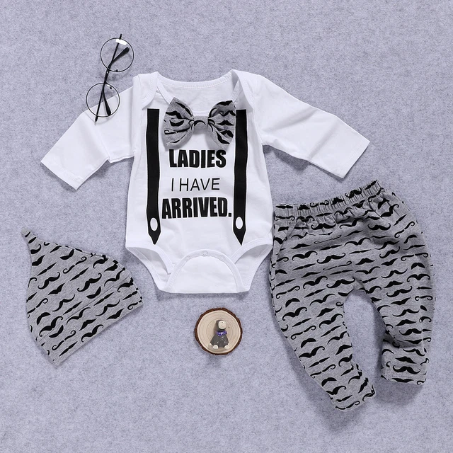 Newborn Kids Baby Boys Gentleman Clothes Romper Tops Pants Hat 3PCS Outfits Set