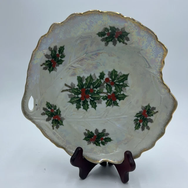 Ucagco China Serving Dish Japan Holly Iridescent Lusterware Christmas Vintage