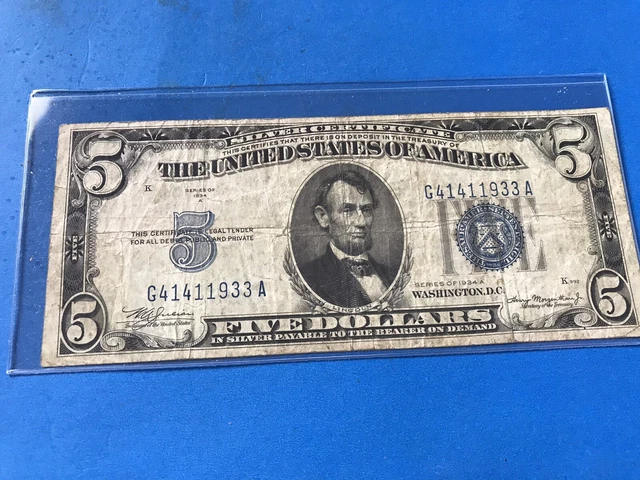 1934 A Blue Seal $5 Five Dollar Silver Certificate  .....Lot #4e