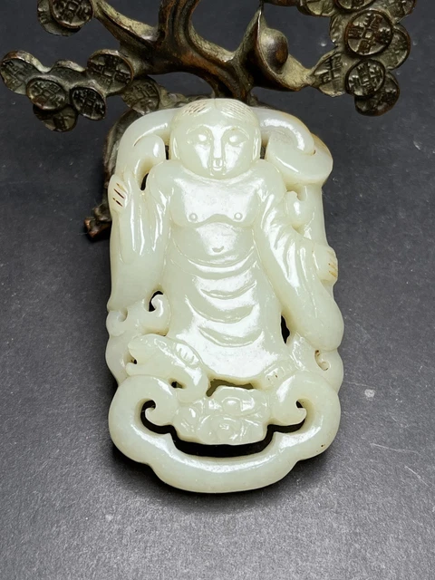 Chinese Exquisite Handmade figure Carving Hetian Jade Statue Belt Buckle