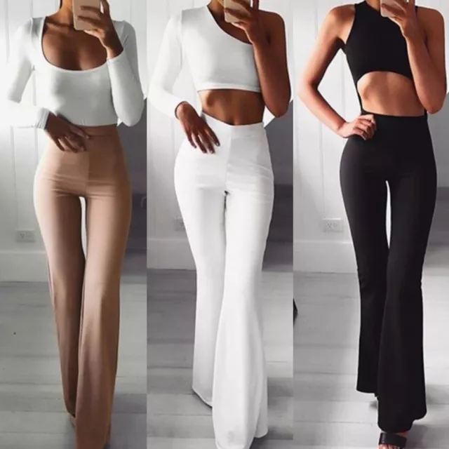 Women Solid High Waist Flare Wide Leg Chic Trousers Bell Bottom Yoga Pants h;_aa