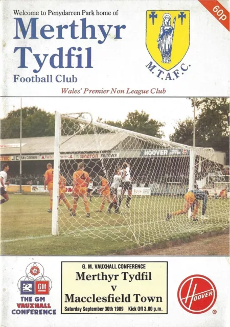 Football Programme MERTHYR TYDFIL v MACCLESFIELD TOWN Sept 1989