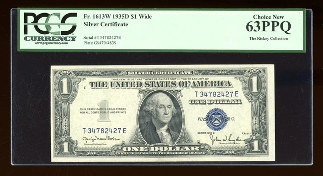 DBR 1935-D $1 Silver Fr. 1613W Wide TE Block PCGS 63 PPQ Serial T34782427E