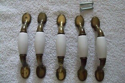 31 Preowned Amerock Cabinet Drawer Pulls Made of Burnished Brass, White Ceramic